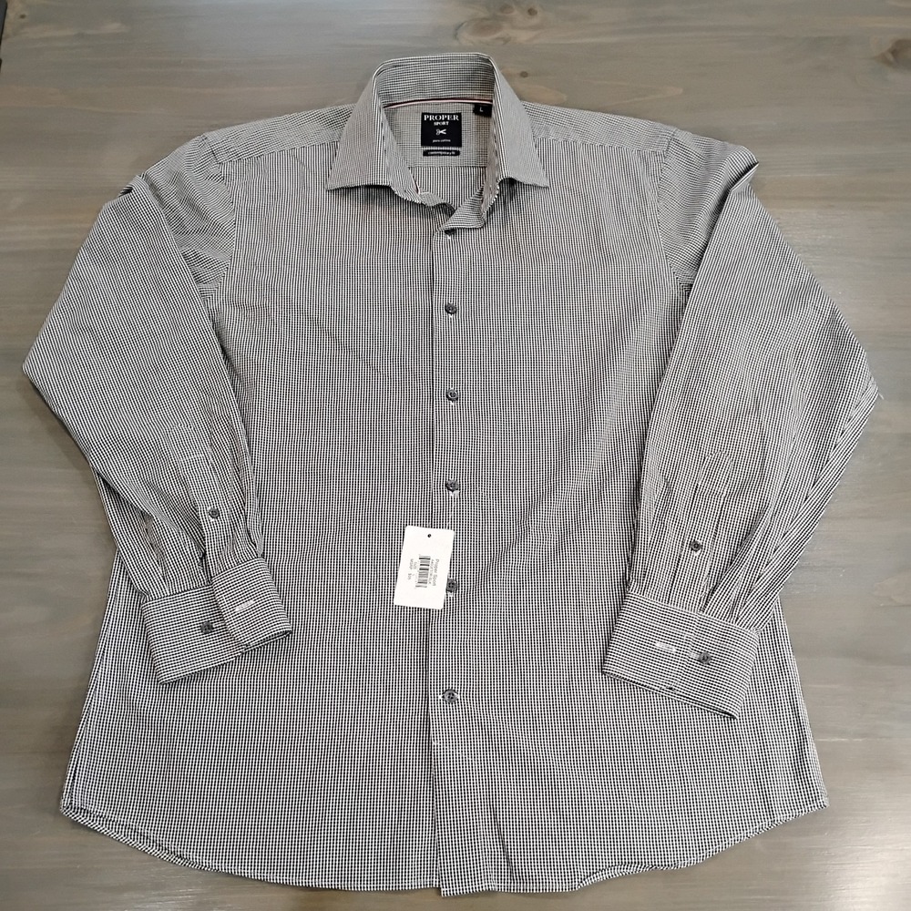 NWT Proper Sport Men's Large Long Sleeve Button Up Black White Check